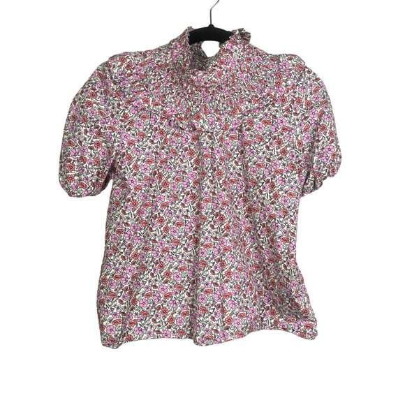 ZARA Cotton Smock Ruffle Floral Print Poplin Blouse Shortsleeve Elastic S Pink - Picture 3 of 12
